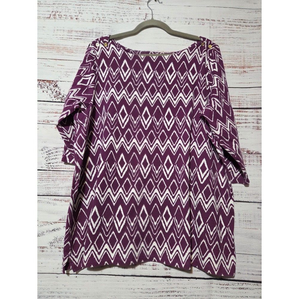 Jessica London Purple Geometric Ikat Diamond Tunic Top 18/20 Gold Button Detail